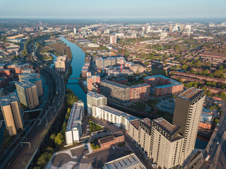 Manchester City Centre Drone Aerial View Above Building Work Skyline Construction Blue Sky Summer...