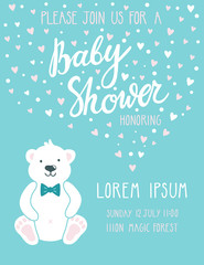 Baby shower invitation card. Cute childish background with polar bear and beautiful hand written text 