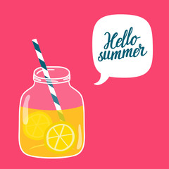 Bright summer vector background with glass jar with lemonade, speech bubble and hand written text 