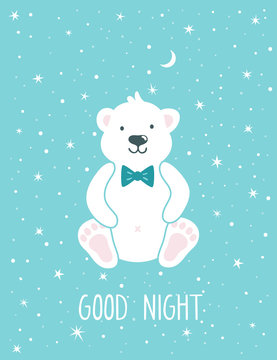 Vector childish background with cute polar bear, stars, moon and text "Good night". Beautiful poster for kids room. Smiling cartoon character on the blue background.