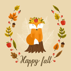 Vector aurumn background with cute fox, wreath from autumn leaves, berries, apples and text "Happy fall". Hand drawn little fox is sitting on the stump. Cartoon character. Beautiful childish poster.