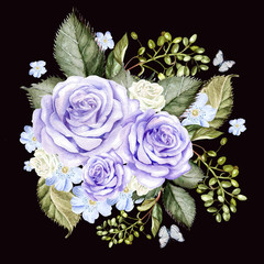 A beautiful watercolor bouquet with roses and butterfly. 
