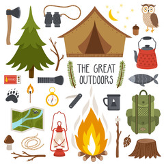 Vector set of camping elements. Summer background with camping equipment.