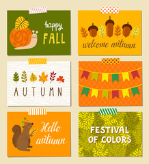 Vector set of autumn cards. Bright cute posters with snail, squirrel, colorful leaves, garlands of flags and hand written text 
