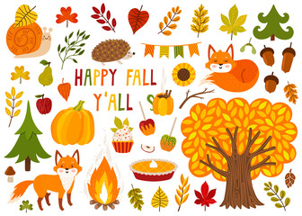 Set of cute autumn cartoon characters, plants and food. Fall season. Collection of scrapbooking elements for autumn party, harvest festival or Thanksgiving day.