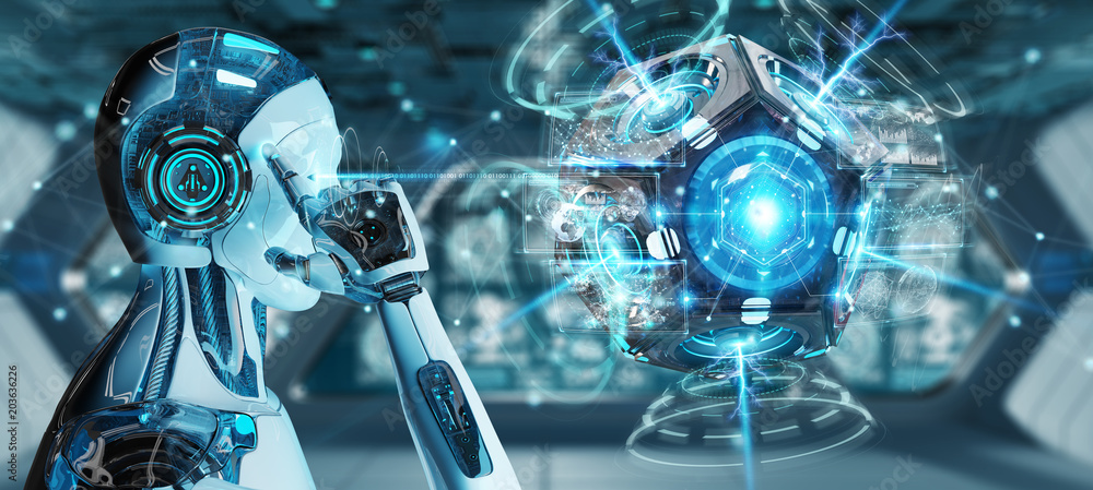 Poster white man humanoid using drone security camera 3d rendering
