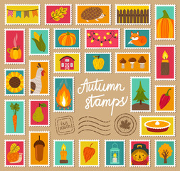 Vector set of autumn stamps. Set of cute hand drawn elements: turkey, fox, snail, hedgehog, scarecrow, vegetables, fruits, trees, falling leaves, decoration. Post stapms collection. Fall season.