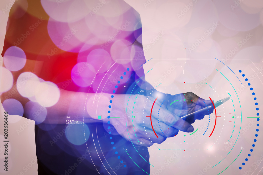 Aufkleber double exposure of businessman hand using tablet computer with colour cloud concept