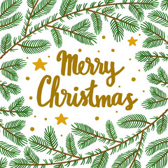 Vector Christmas background with wreath from pine branches, stars and hand written text "Merry Christmas". Winter holiday greeting card.