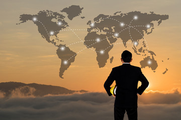 Business Collaboration Concept, World data link connection with male engineer stands