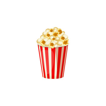 Popcorn in a red striped bucket box isolated on white background. Vector Icon.