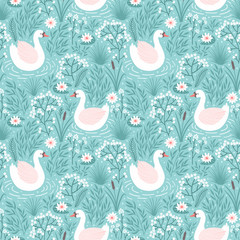 Vector seamless pattern with swan and floral elements. Repeated texture with bird. © beskovaekaterina