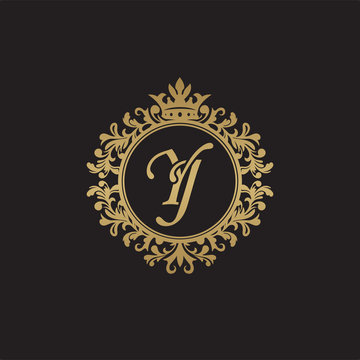 Initial letter YJ, overlapping monogram logo, decorative ornament badge, elegant luxury golden color