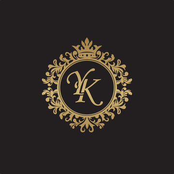 Initial letter YK, overlapping monogram logo, decorative ornament badge, elegant luxury golden color