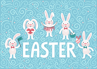 Vector holiday background with cute Easter rabbits. Blue spring card with funny bunny and text "Happy Easter".