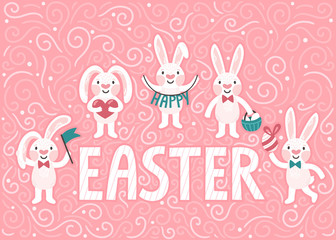 Vector holiday background with cute Easter rabbits. Pink spring card with funny bunny and text "Happy Easter".