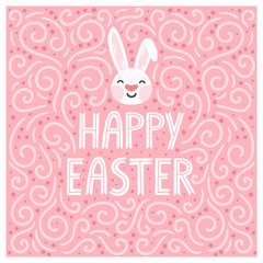 Vector holiday card with cute bunny, decorative elements and text "Happy Easter". Stylish pink background with cartoon character.