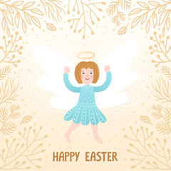 Vector illustration with cute little angel and floral elements. Holiday card with cartoon character and hand written text "Happy Easter".