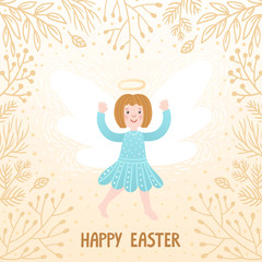 Vector illustration with cute little angel and floral elements. Holiday card with cartoon character and hand written text 
