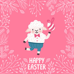 Vector holiday background with cute sheep, chocolate egg, floral heart shaped frame and text 