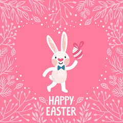 Vector holiday background with cute rabbit, chocolate egg, floral frame and text 