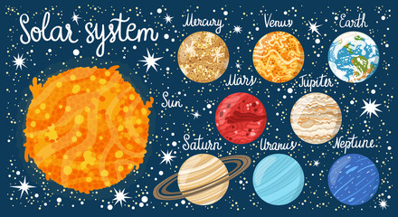 Vector illustration of Solar system. Space icons on the dark background. Bright set of planets, sun and stars.