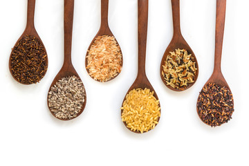 Organic rice in wooden spoon, Mixed rice and Rice texture for background