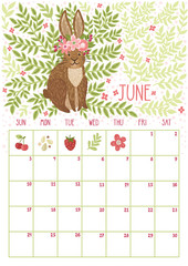 Obraz premium Vector monthly calendar with cute rabbit. June 2018. Planning design. Calendar page with smiling cartoon characters.