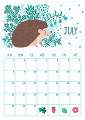 Vector monthly calendar with cute hedgehog. July 2018. Planning design. Calendar page with smiling cartoon characters.