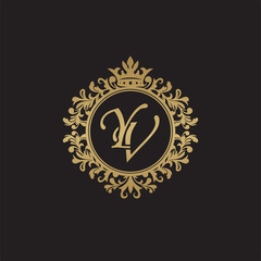 Initial letter YV, overlapping monogram logo, decorative ornament badge, elegant luxury golden color