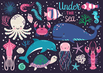 Vector set of underwater animals: octopus, whale, turtle, dolpin, jellyfish, crab, lobster, seahorse, squid, clownfish, butterflyfish, seaplants and corals. Childish background with cartoon characters