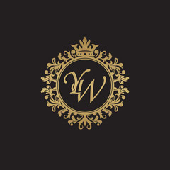 Initial letter YW, overlapping monogram logo, decorative ornament badge, elegant luxury golden color