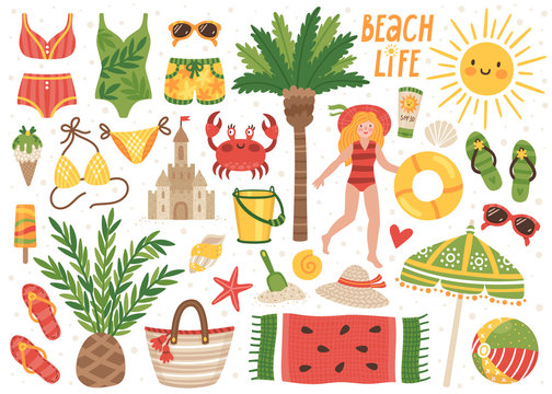 Set of cute summer icons: bikini, flip flops, beach umbrella, towel, ball, sand castle, palms, girl with life buoy, sun. Bright summertime poster. Collection of scrapbooking elements for beach party.