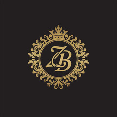Initial letter ZB, overlapping monogram logo, decorative ornament badge, elegant luxury golden color