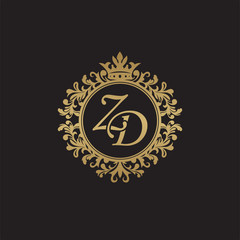 Initial letter ZD, overlapping monogram logo, decorative ornament badge, elegant luxury golden color