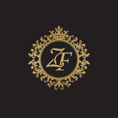 Initial letter ZF, overlapping monogram logo, decorative ornament badge, elegant luxury golden color