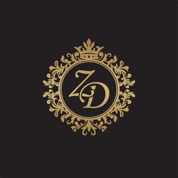 Initial letter ZD, overlapping monogram logo, decorative ornament badge, elegant luxury golden color
