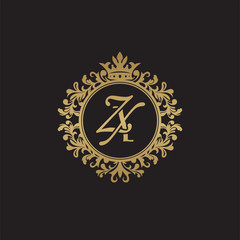 Initial letter ZX, overlapping monogram logo, decorative ornament badge, elegant luxury golden color
