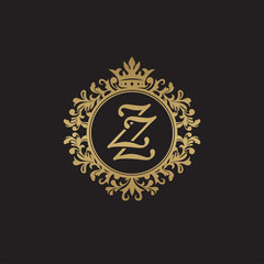 Initial letter ZZ, overlapping monogram logo, decorative ornament badge, elegant luxury golden color