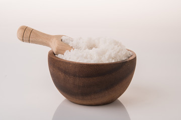salt crystals in wooden bowl