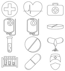 Line art black and white medical 12 icon set.