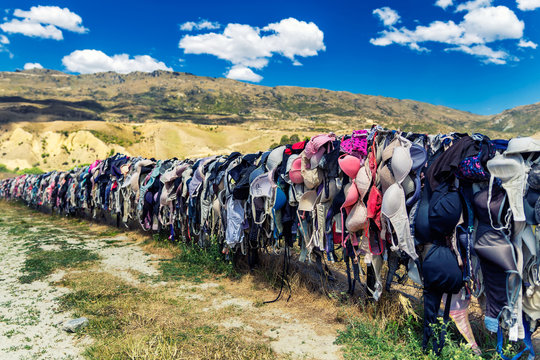 Cardrona bra fence - touristic attraction also named Bradrona collecting donations for fighting with breast cancer