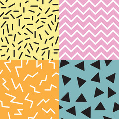 Set of 4 seamless memphis patterns. Trendy and modern geometric elements, vector illustration