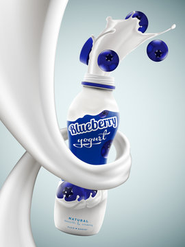 Yogurt bottle ads with blueberry flavor in milk swirl, commercial vector yogurt beverage mock-up hyperrealistic illustration