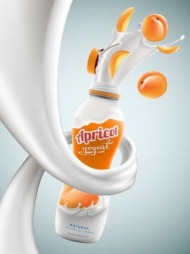Yogurt bottle ads with apricot flavor in milk swirl, commercial vector yogurt beverage mock-up hyperrealistic illustration