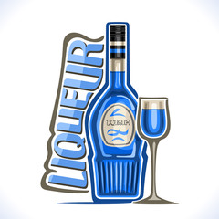 Vector illustration of alcohol drink Сuracao Liqueur, poster with blue bottle of hawaiian sweet booze and full sherry glass, original typeface for word liqueur, outline composition for bar menu.
