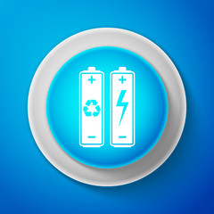 White Battery with recycle symbol - renewable energy concept icon isolated on blue background. Circle blue button with white line. Vector Illustration