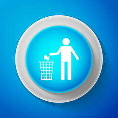 White Man throwing trash into dust bin icon isolated on blue background. Recycle symbol. Circle blue button with white line. Vector Illustration
