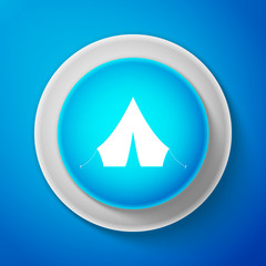 Fototapeta premium White Tourist tent icon isolated on blue background. Circle blue button with white line. Vector Illustration
