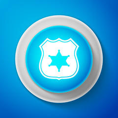 White Police badge icon isolated on blue background. Circle blue button with white line. Vector Illustration